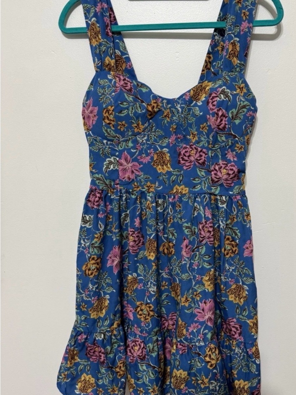 Blue Floral Sundress with Pink & Gold Accents